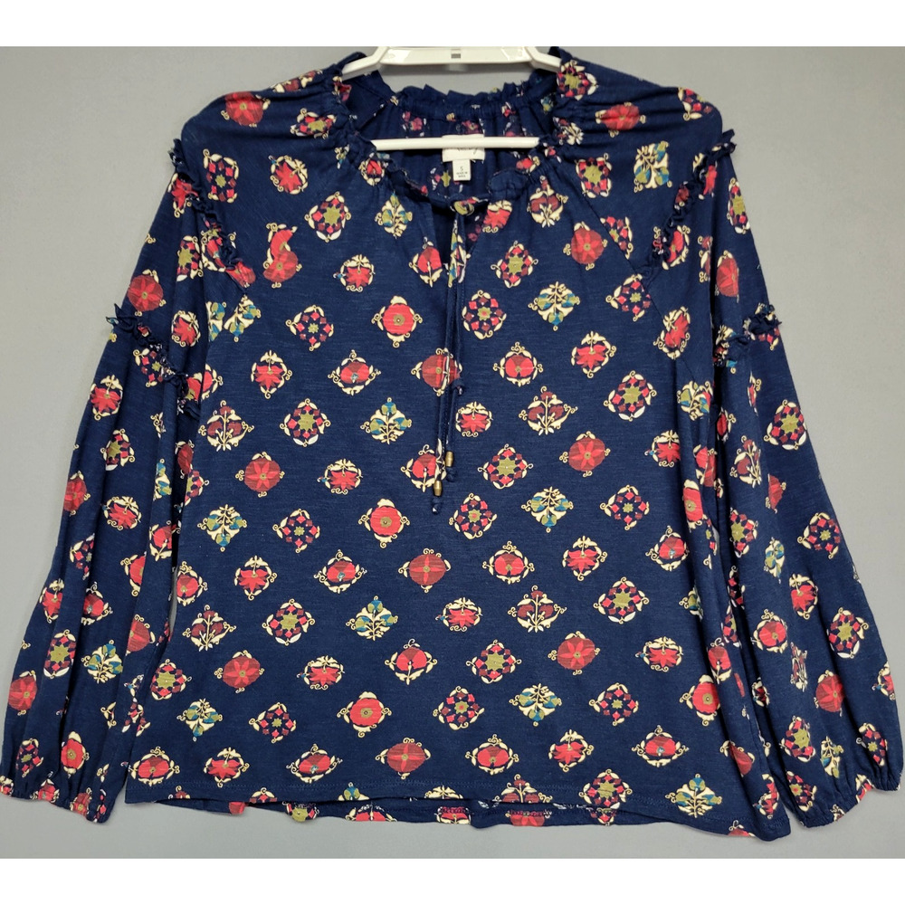 Wonderly‎ Boho Top Womens Small Blue Floral Geometric Long Sleeve Boho Pullover